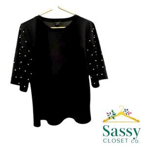 Ann Taylor Black Pearl Sleeve Soft Stretch Statement Blouse Size M EUC